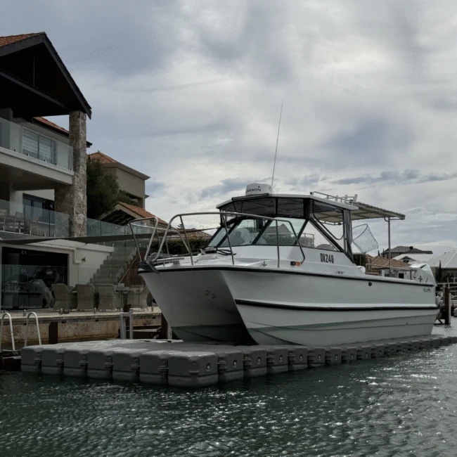 Docked catamaran boat